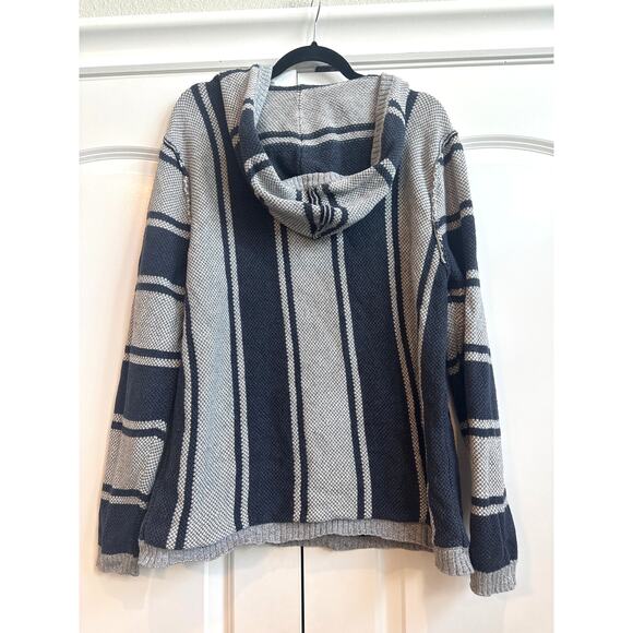 American Eagle Outfitters Mens Blue, Gray, and White Stripe Coastal Knit Hoodie - Picture 7 of 7